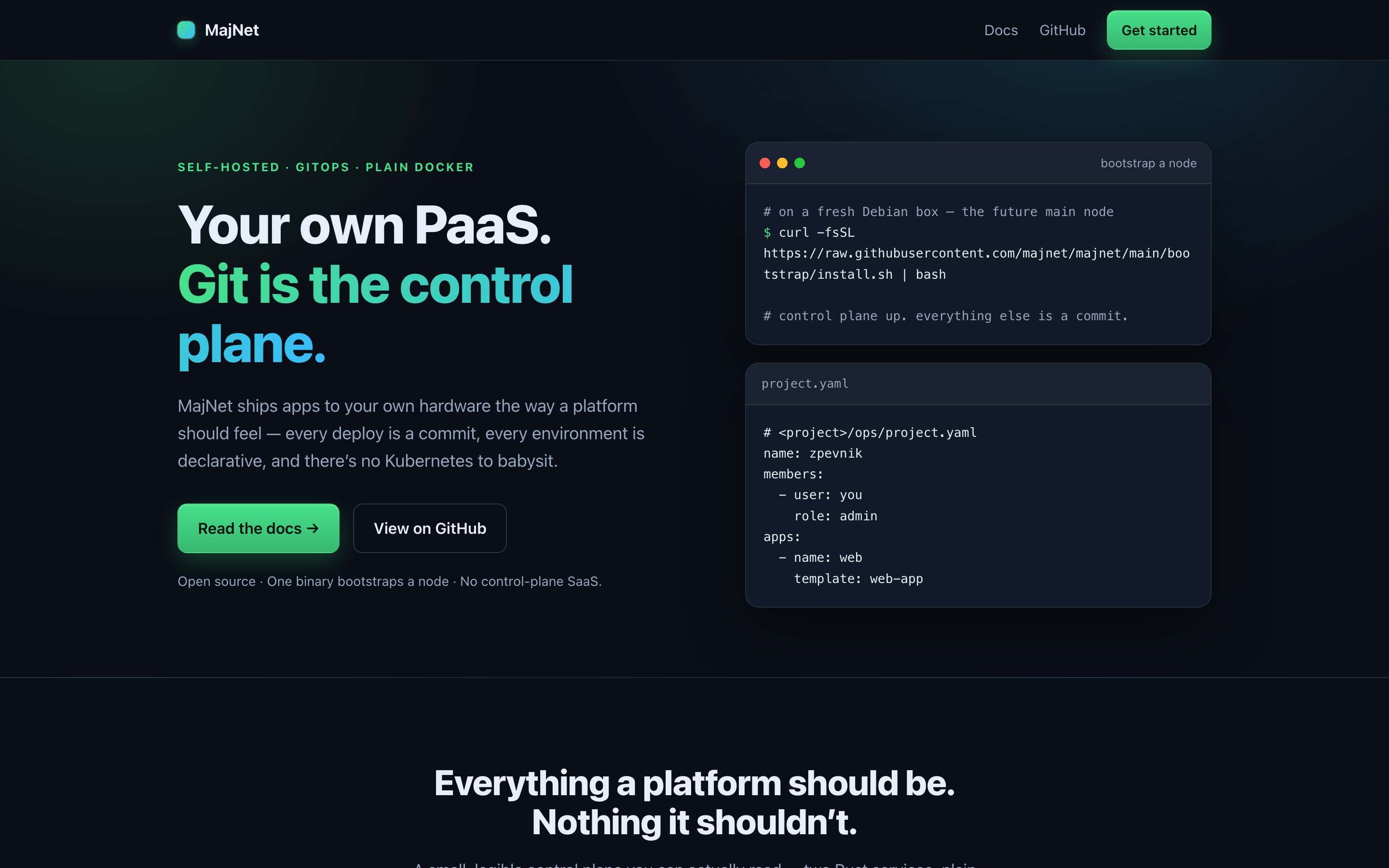 MajNet landing page — "Your own PaaS. Git is the control plane." hero with a node-bootstrap terminal and a project.yaml snippet