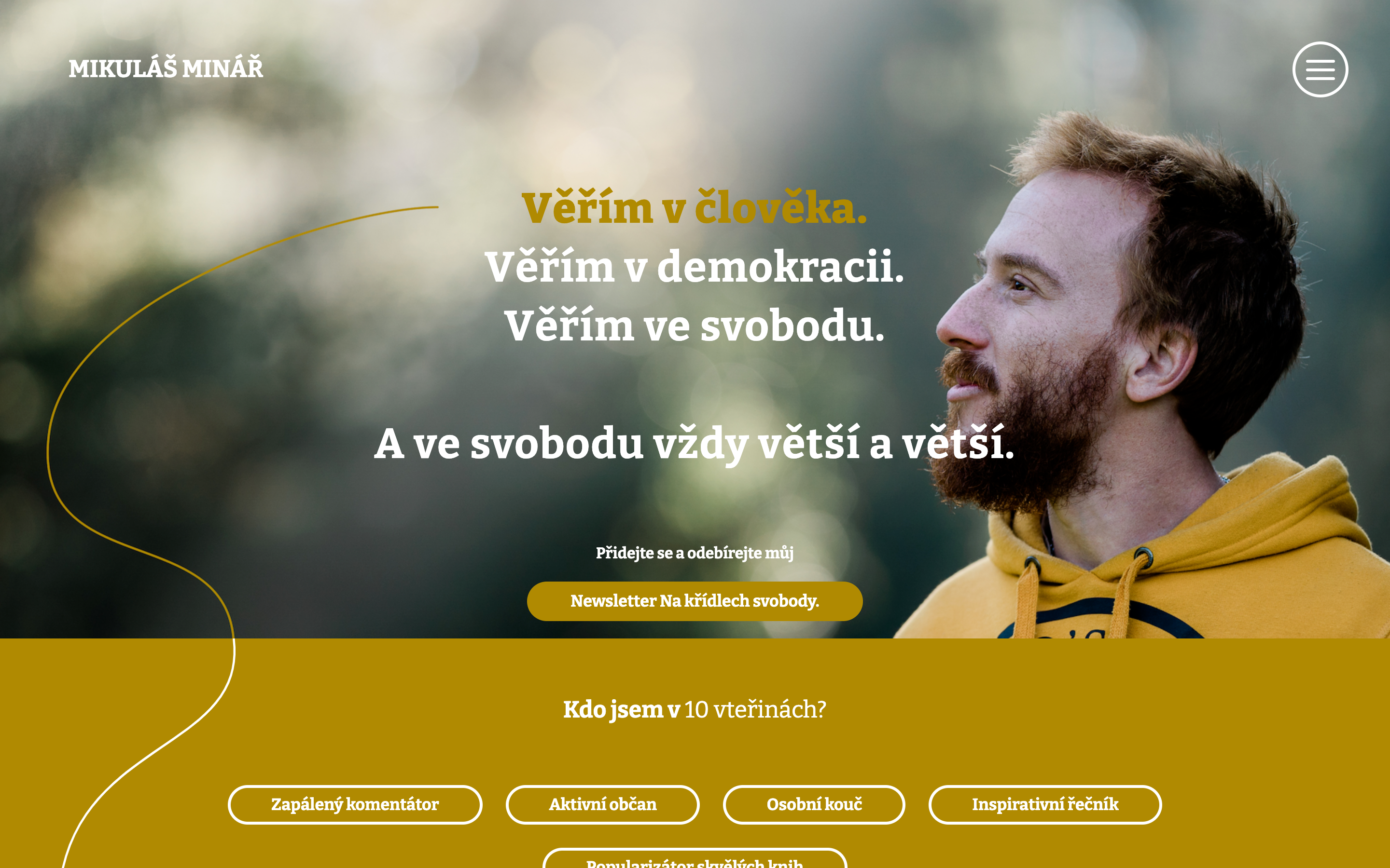 Mikuláš Minář landing page — gold-on-forest hero with the headline "Věřím v člověka."
