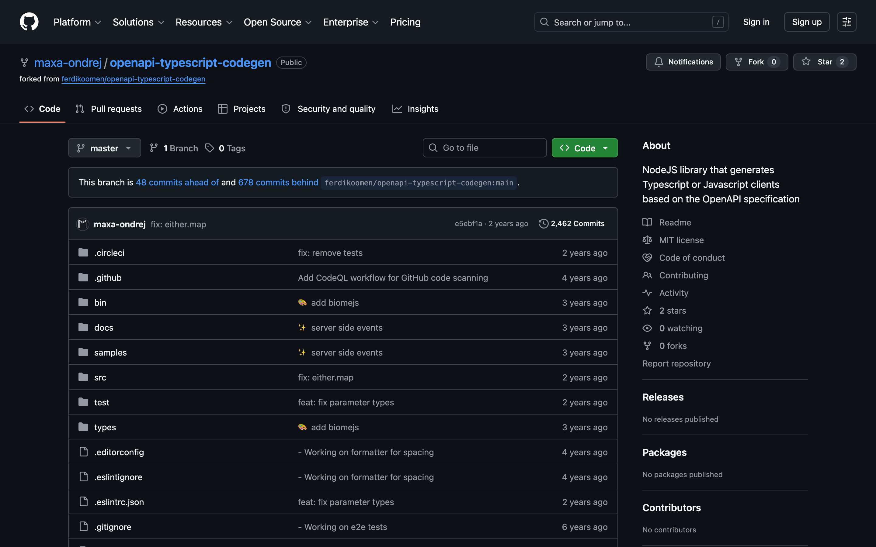 GitHub repo page for maxa-ondrej/openapi-typescript-codegen