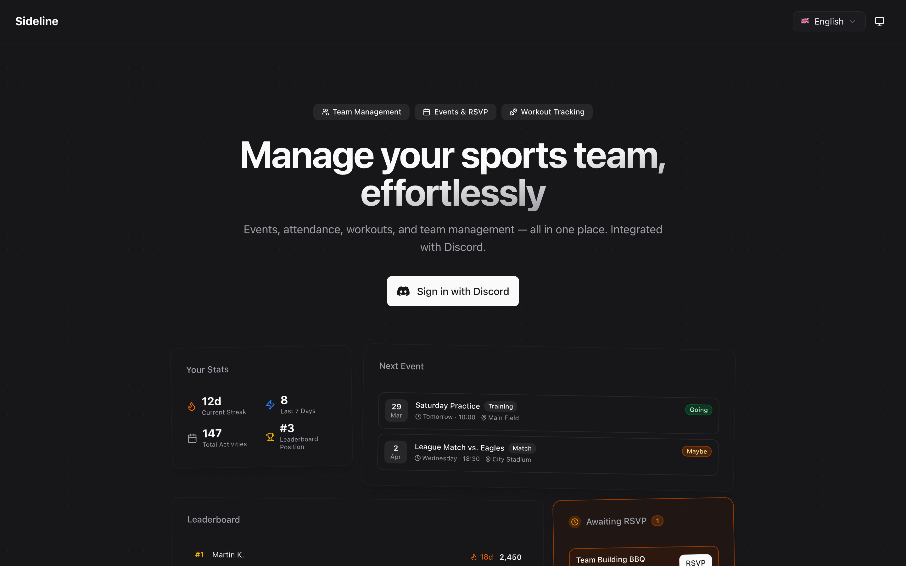 Sideline landing page (dark) — "Manage your sports team, effortlessly" with Discord sign-in