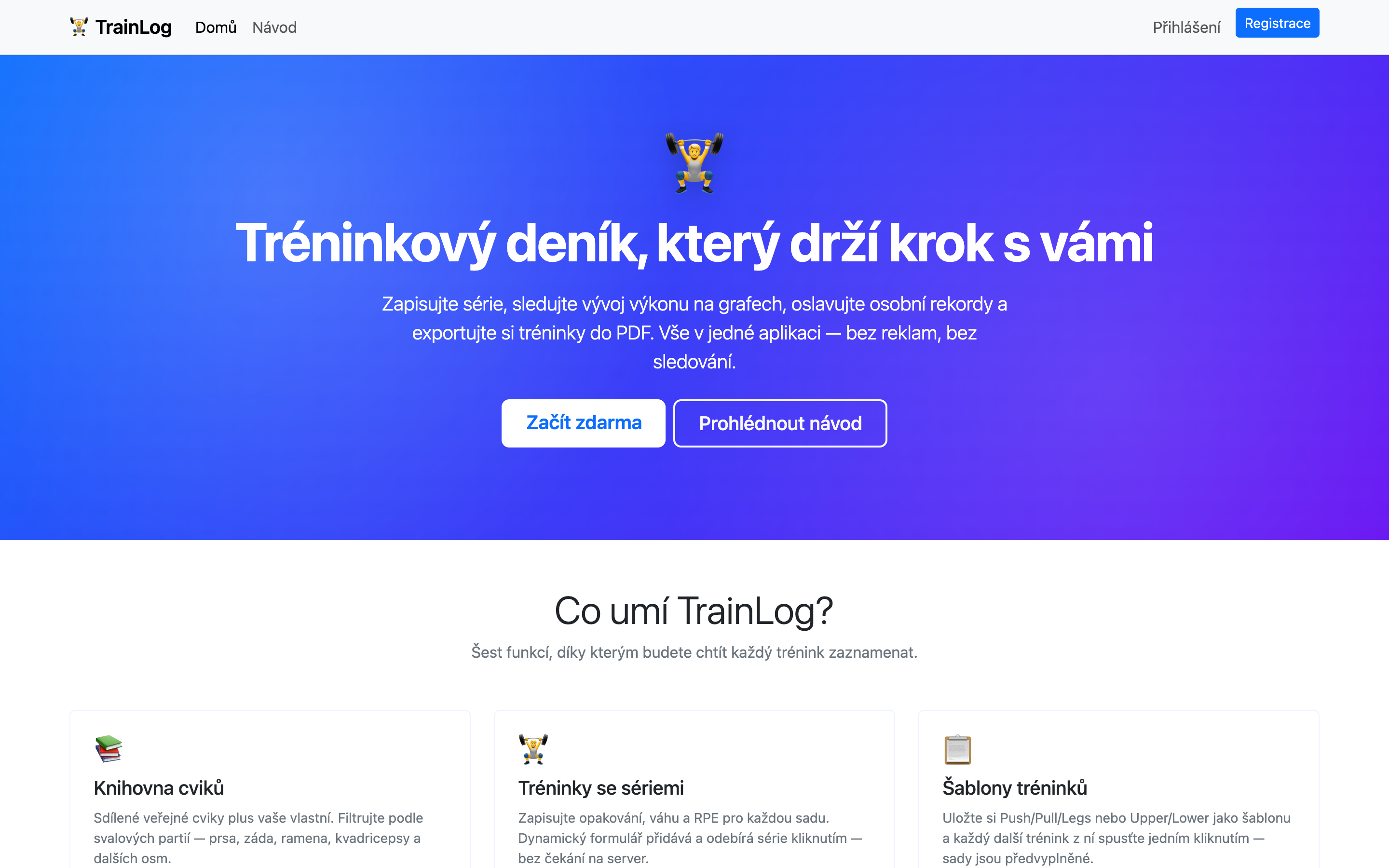 TrainLog landing page with hero "Tréninkový deník, který drží krok s vámi"